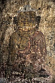 Bagan Myanmar. Dhammayangyi temple. Mural painting of the walls representing Buddha. 